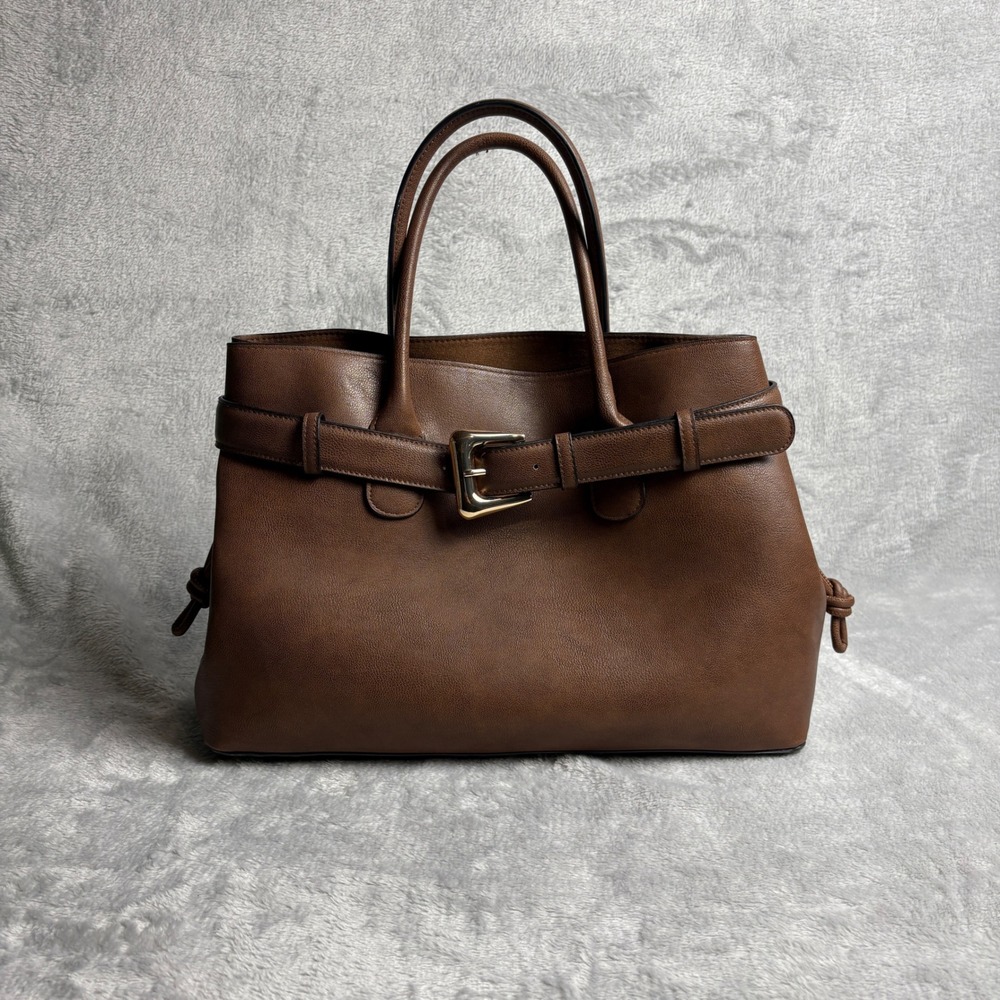 H&M Brown Faux Tote Bag Satchel Leather Buckle Belted Gold Hardware